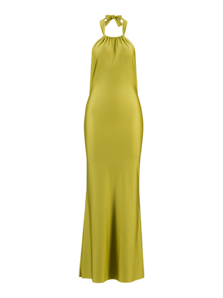 Second-skin long dress with adjustable neckline width for more or fewer pleats. Loops are positioned on either side of the chest for tying the back in multiple ways: behind the neck, open back, or crisscross back for a head turning effect.