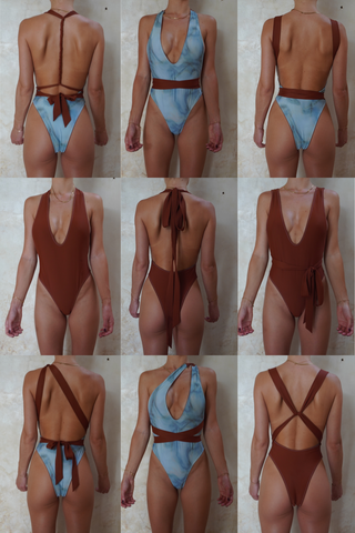 Our reversible and versatile one-piece swimsuit, designed to fit like a second skin, boasts a plunging neckline and open back, creating a leg-lengthening effect with cutouts both in the front and back. With over 15 different ways to wear it, featuring a brown side and a side adorned with our signature blue print, making you feel like you're wearing the sea. Maureen is wearing a size S.