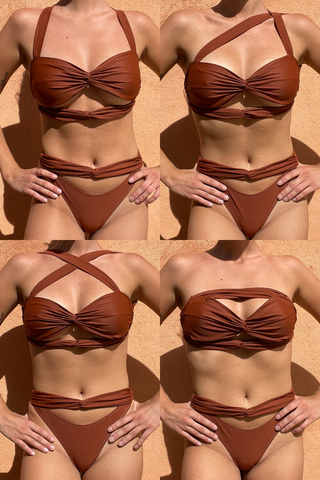 Our reinvented balconnet-style bikini top is both sophisticated and versatile, featuring hidden underwire for excellent breast support. The fully adjustable back tie allows for over 4 different ways to wear it. Pair it with bottom N12 in Brown for a complete look, or mix and match with our alternate Sand color for a unique ensemble. Agathe is wearing a size M and Marie a size S. 
