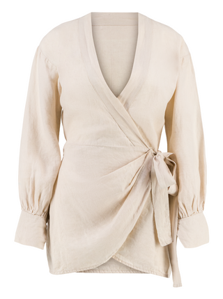 Kimono-style dress with romantic sleeves and a cross-front skirt. Adjustable at the waist with a knot. This kimono will make you elegant from sunrise to sunset, 100% Organic linen